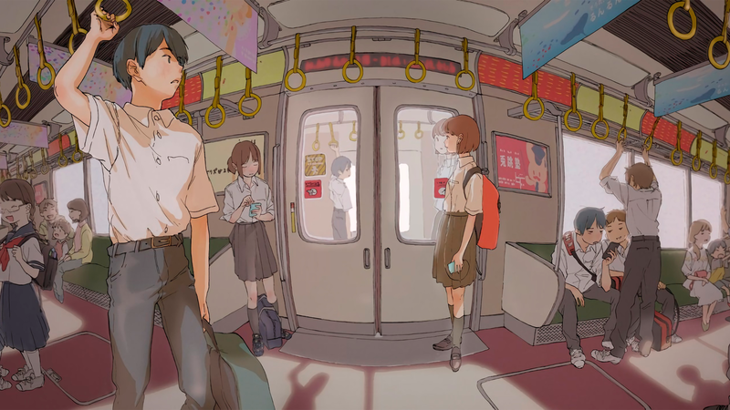 日系动漫男女主角壁纸 地铁场景高清图