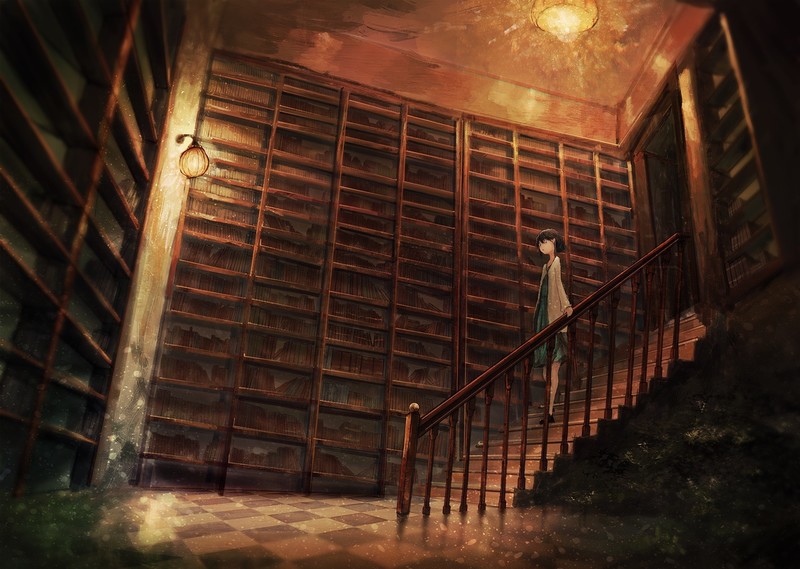 动漫少女与藏书的楼梯美景 高清壁纸