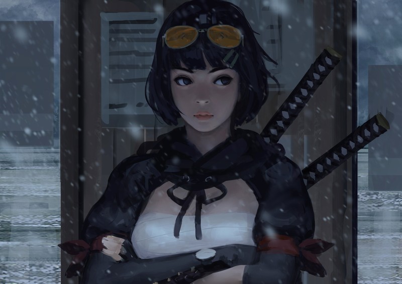 银发戴镜武士少女 冬雪之下孤身展刀姿