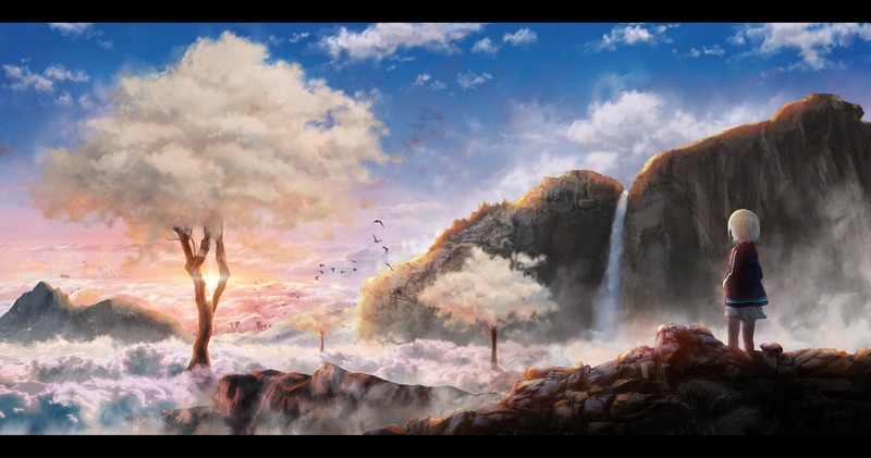 二次元少女户外氛围感壁纸 绝美天空岩石自然场景