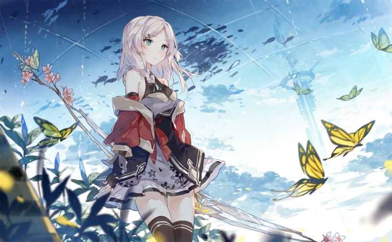 银发短裙动漫少女 蝴蝶花草壁纸