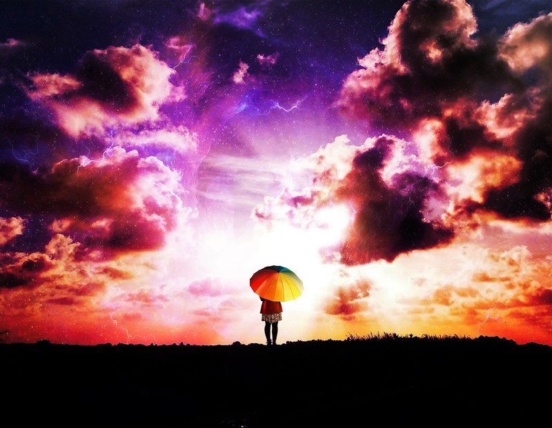 撑着彩伞的动漫少女壁纸，4K超清太绝了