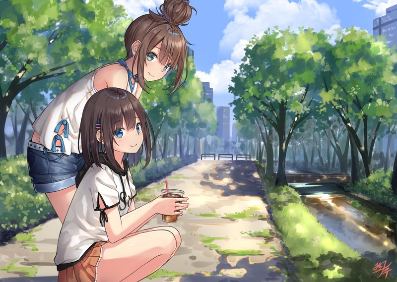 高清动漫壁纸合集：黑发蓝眼少女与晴空云朵