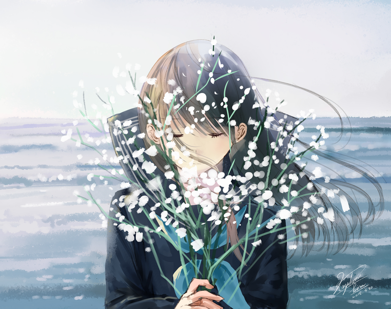 闭眼动漫少女与鲜花高清壁纸
