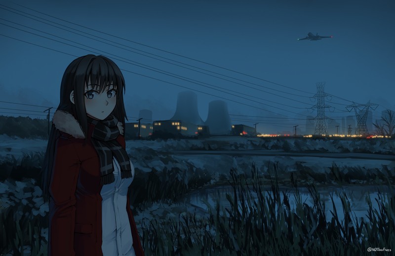 冬日动漫壁纸合集：黑发少女围巾与发电厂场景