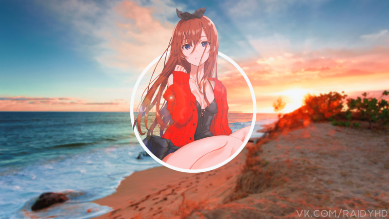 绝美二次元少女海边落日画中画壁纸