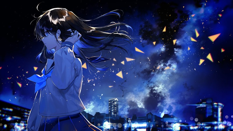 深夜户外氛围感拉满的动漫少女与旷野壁纸