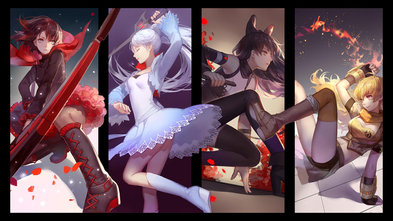 RWBY角色拼贴高清壁纸 少女、数字艺术、动漫、RWBY、露比·罗丝、魏丝·雪倪、阳小龙、布蕾克·贝拉多娜、武器、动漫少女、镰刀