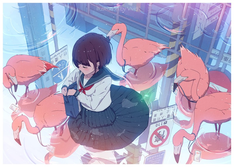 绝美动漫少女壁纸合集！黑发短发水手服少女与火烈鸟同框太绝了