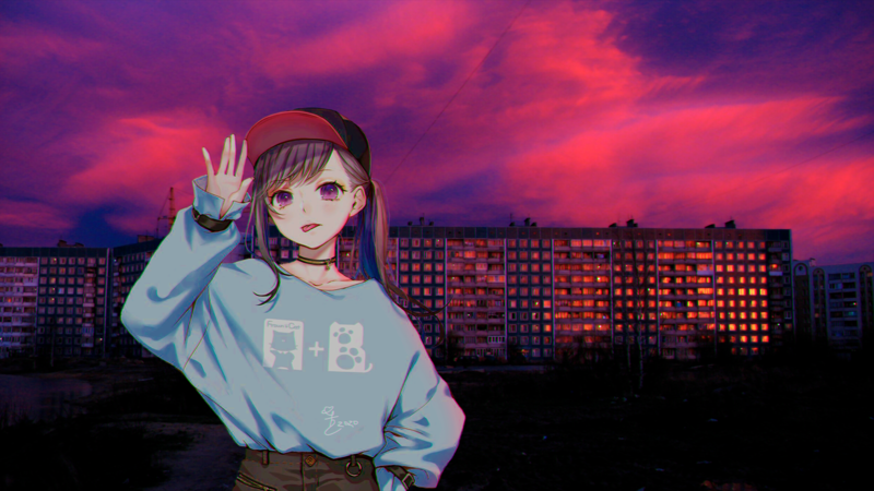 这款超绝二次元壁纸！紫调黄昏下的少女与异国步道