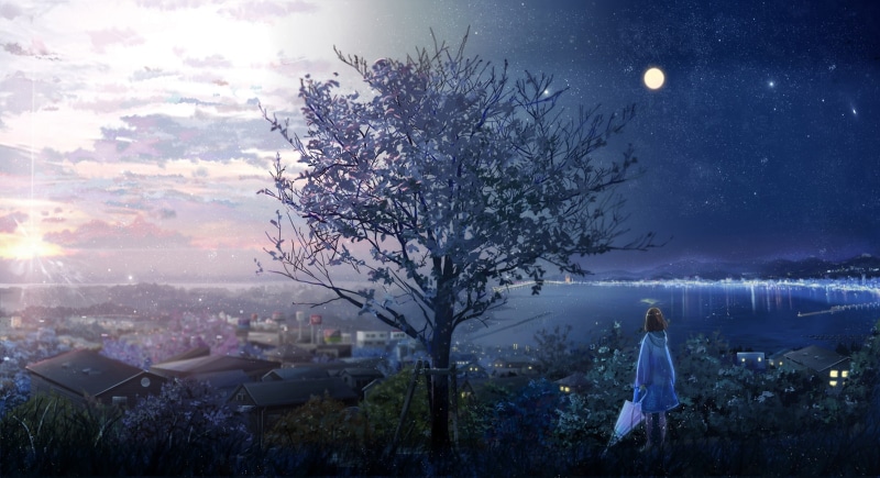深夜动漫风壁纸合集：穿雨衣的少女与自然夜景