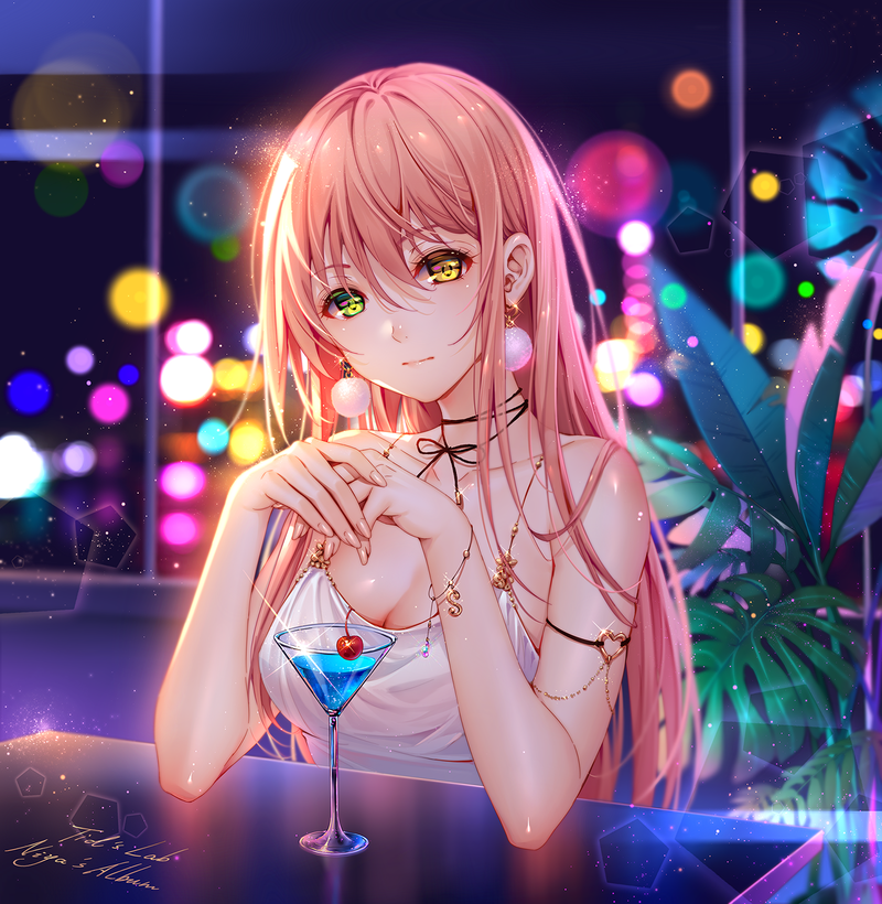 绝美粉发异瞳少女酒吧微醺氛围感壁纸