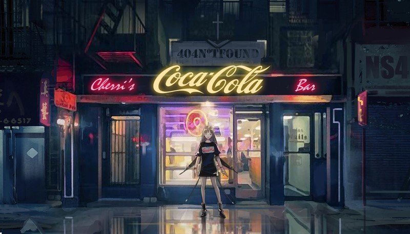 深夜霓虹下的可口可乐动漫少女壁纸