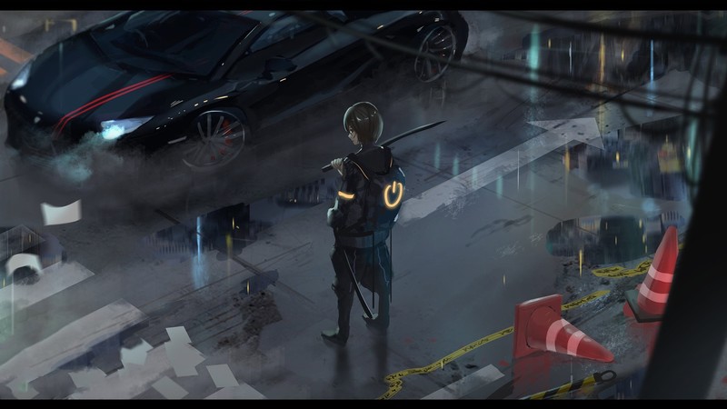 雨天灰调场景里的动漫少女配武士刀和兰博基尼壁纸