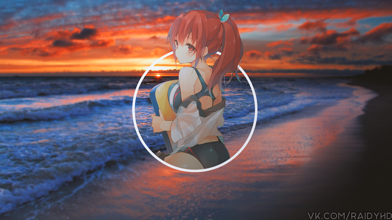 绝美动漫少女画中画海滩壁纸