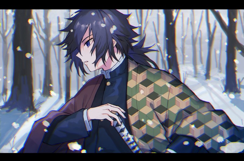 鬼灭之刃同人插画 水柱富冈义勇蓝眸雪景壁纸