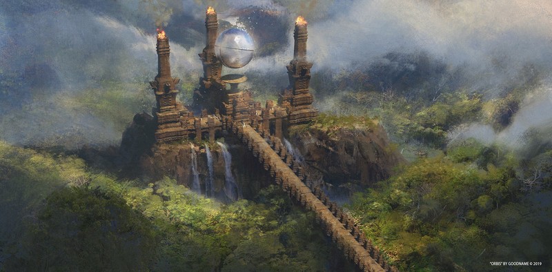 史诗感拉满！高视角下熔岩河畔的古堡之门壁纸