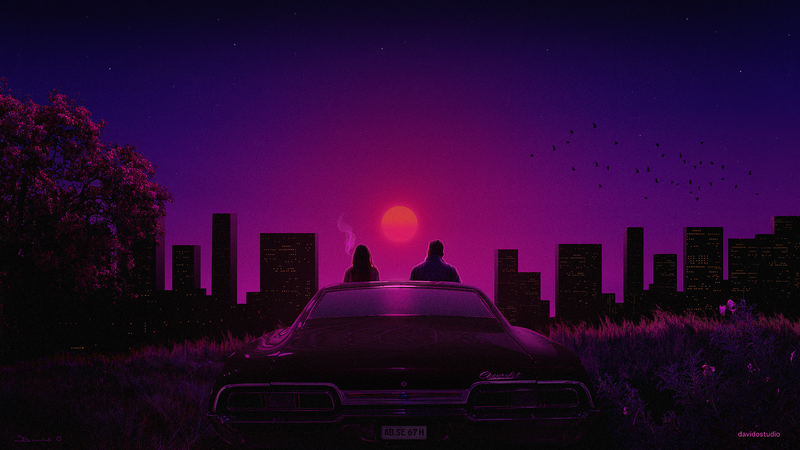 复古蒸汽波雪佛兰座驾壁纸！落日城市里的浪漫瞬间