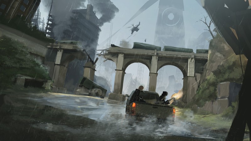 末日战损跑车壁纸 雨夜废都桥上的硬核座驾