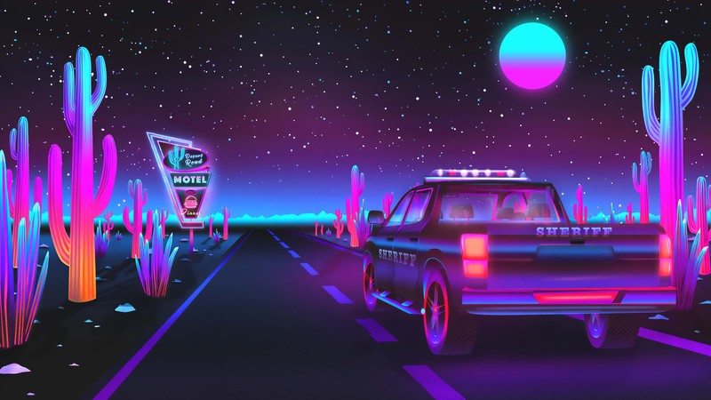 复古霓虹荒漠公路夜景插画壁纸