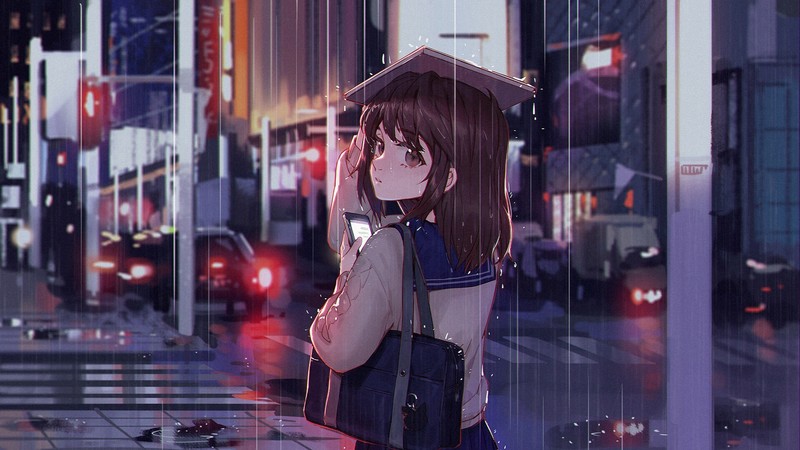雨天都市里的动漫少女高清壁纸