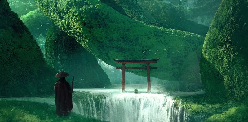 亚洲风奇幻瀑布神龛壁纸