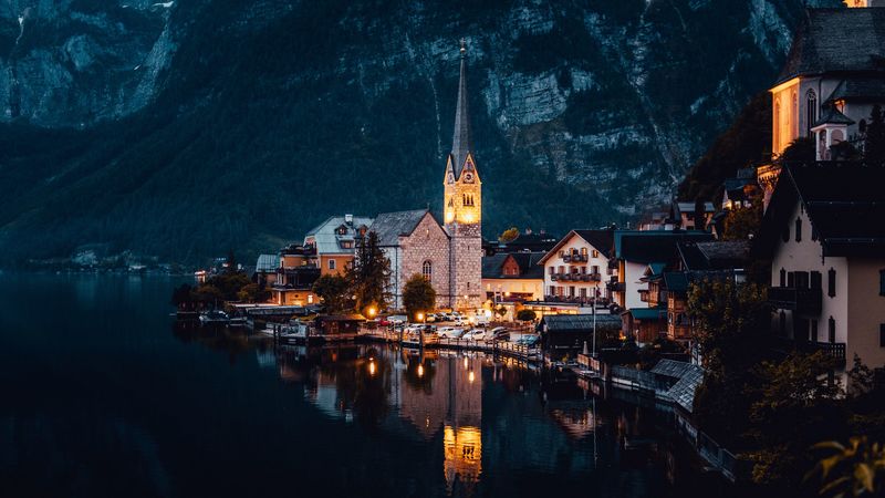 绝美湖城黄昏建筑壁纸 带你坠入橘粉暮色里