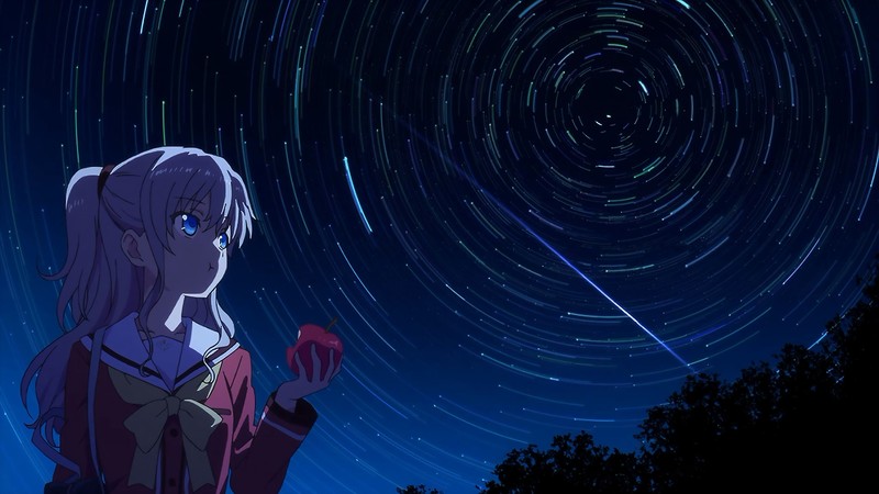 友利奈绪壁纸来啦！白发蓝眼长发马尾的动漫少女深夜吃苹果