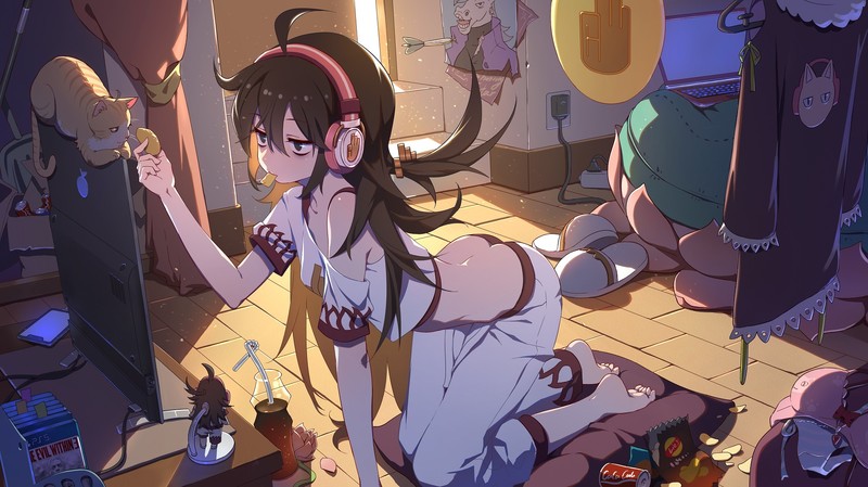 # 快看！二次元美少女头戴耳机光脚撸猫的壁纸合集