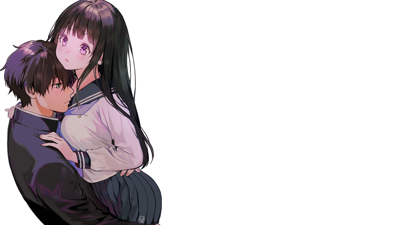 冰菓千反田爱瑠高清壁纸 白背景动漫少女男主同框