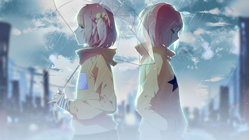# 雨中都市并肩而立的粉短发少女们 绝美动漫壁纸合集
