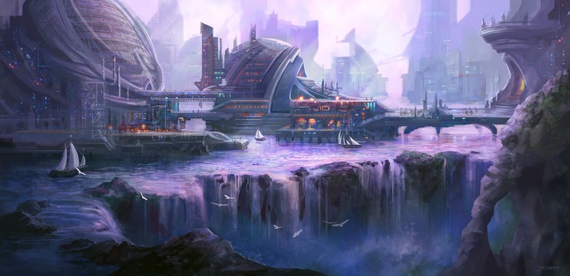 赛博朋克瀑布都市壁纸！氛围感拉满的未来科技水景图