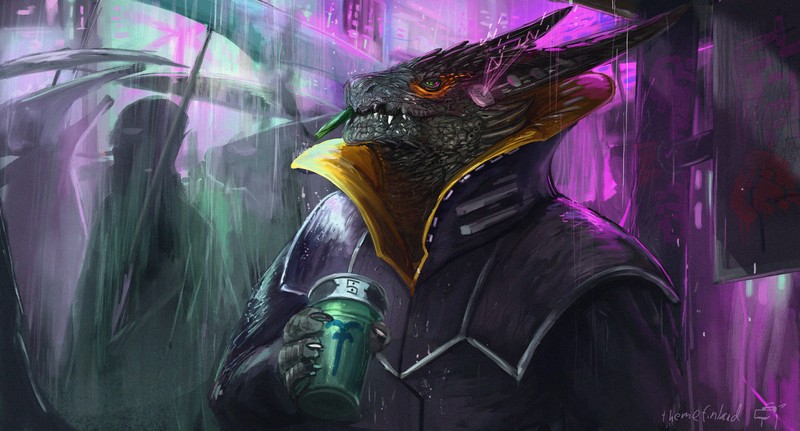 赛博雨夜霓虹下的龙与打伞人 还有这些超酷的科幻数字插画