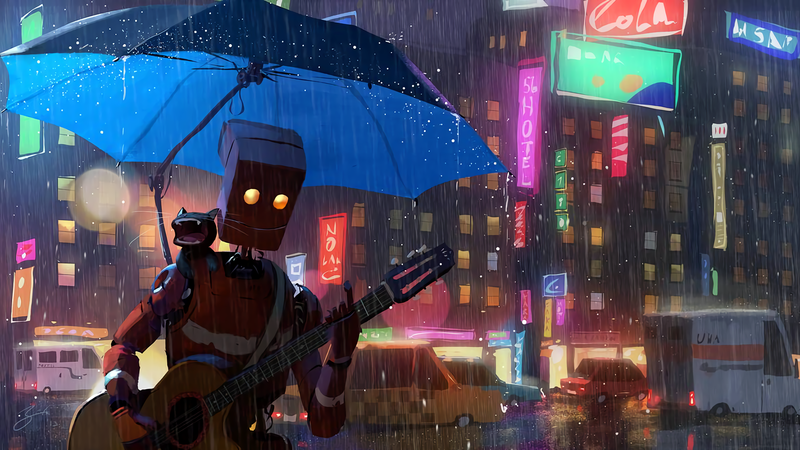 街头雨夜弹吉他的机械与猫