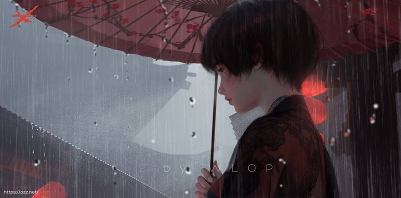 WLOP笔下的雨中持伞少女 刀与灵的奇幻动漫壁纸