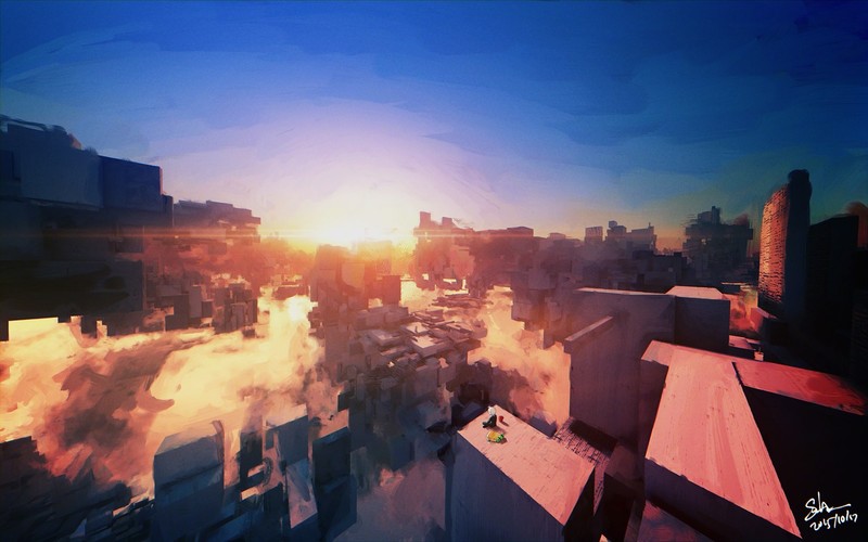 绝美日落城市油画壁纸