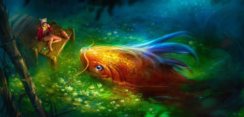 幻想风艺术壁纸合集：戴耳机的奇幻女生与自然湖景