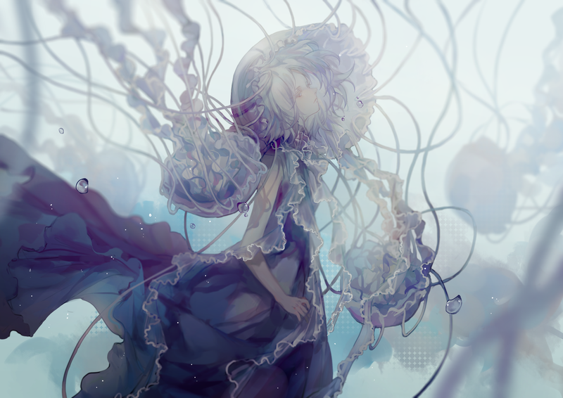 银发少女与水母的水下奇幻壁纸