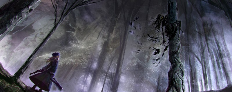 吓人又好看！动漫少女与发光眼瞳的暗黑森林壁纸