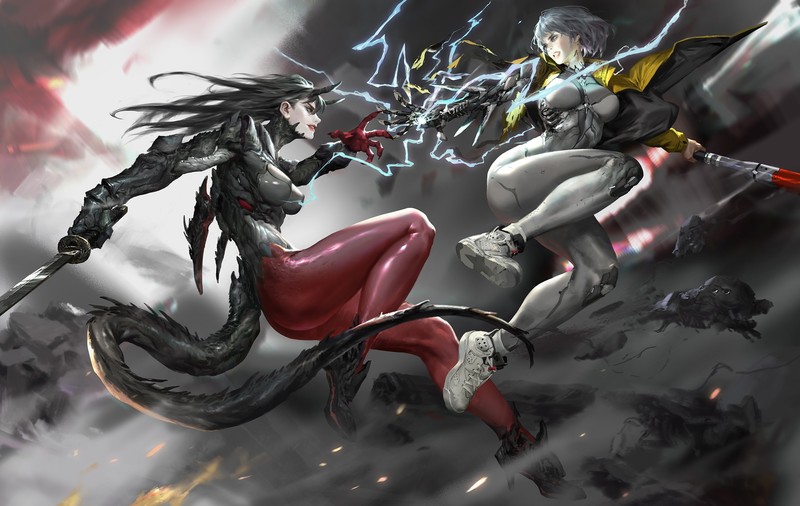 银发妖女持剑激战的赛博恶魔概念原画