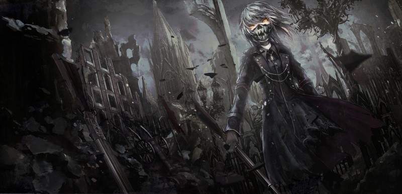 短发二次元少女 灰发 步枪 持枪少女 战争废墟 高清壁纸