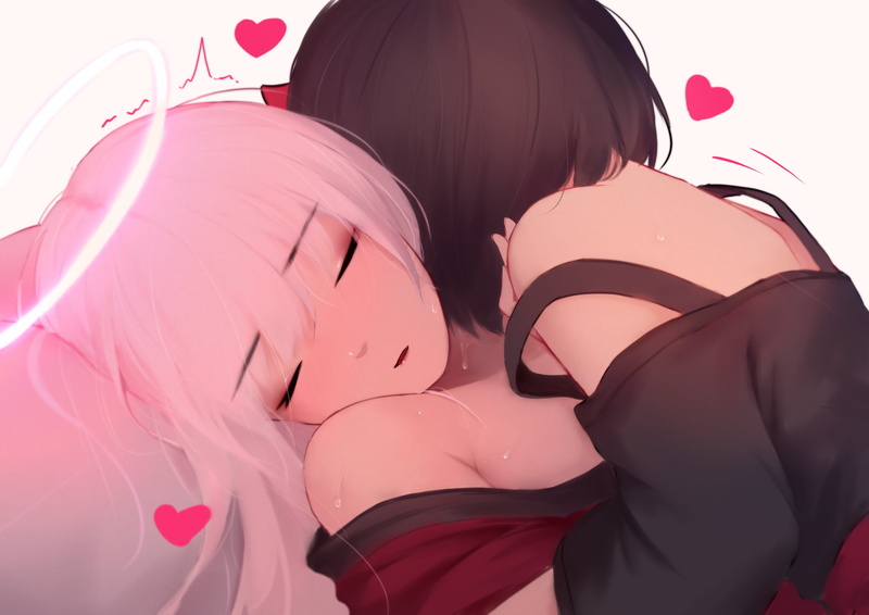 短发天使少女 尾巴恶魔角百合风动漫壁纸