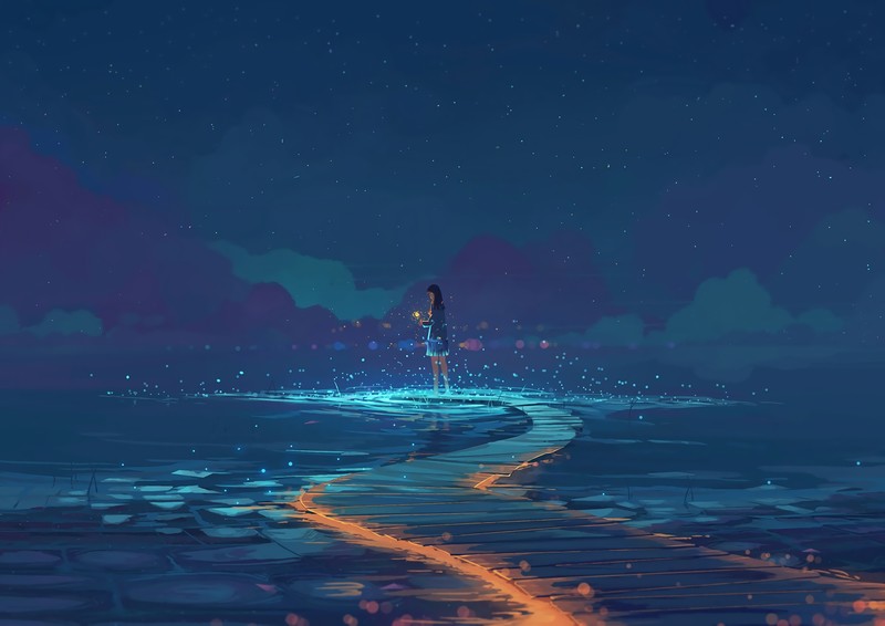 绝美二次元少女氛围感壁纸 暗夜郊野的漫漫长路