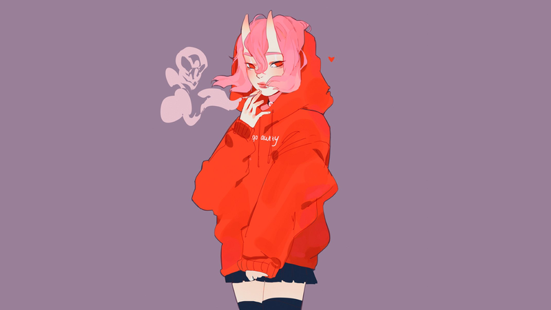 动漫少女兜帽造型壁纸 附恶魔角细节