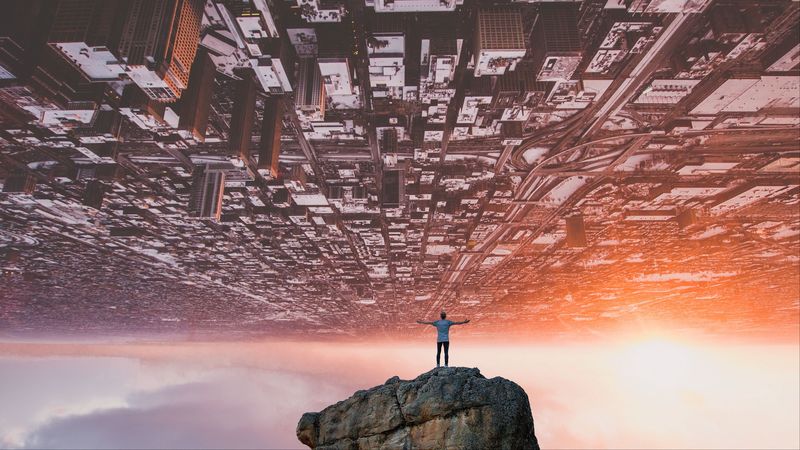 男人与摇滚之城的超现实4K壁纸