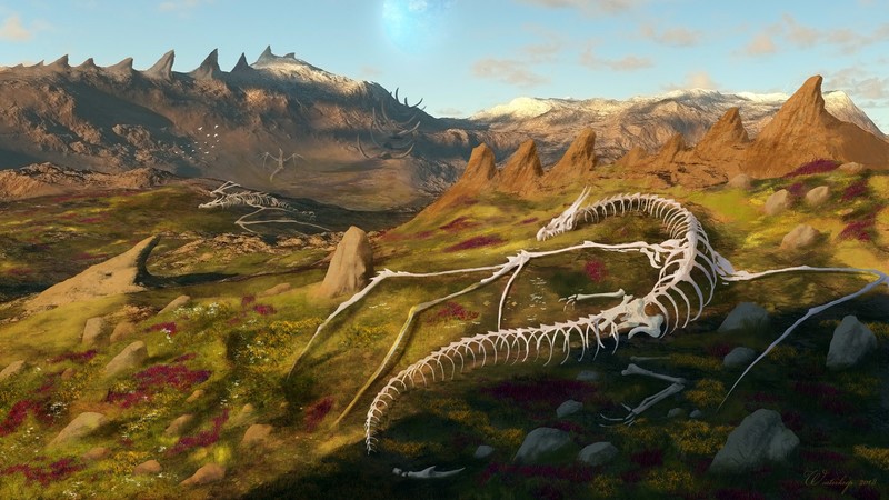 荒野龙影与沉眠骸骨的奇幻壁纸合集