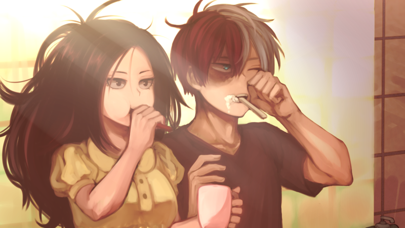 轰焦冻和八百万百的镜前刷牙壁纸