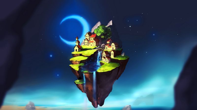 绝美奇幻群岛都市瀑布壁纸