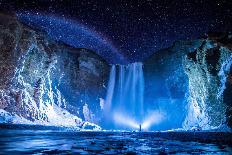 冰岛冬季斯科加瀑布星空夜景壁纸