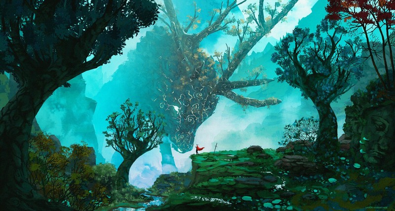 奇幻风壁纸合集！雕像森林里的冒险灵鹿与符文剑士